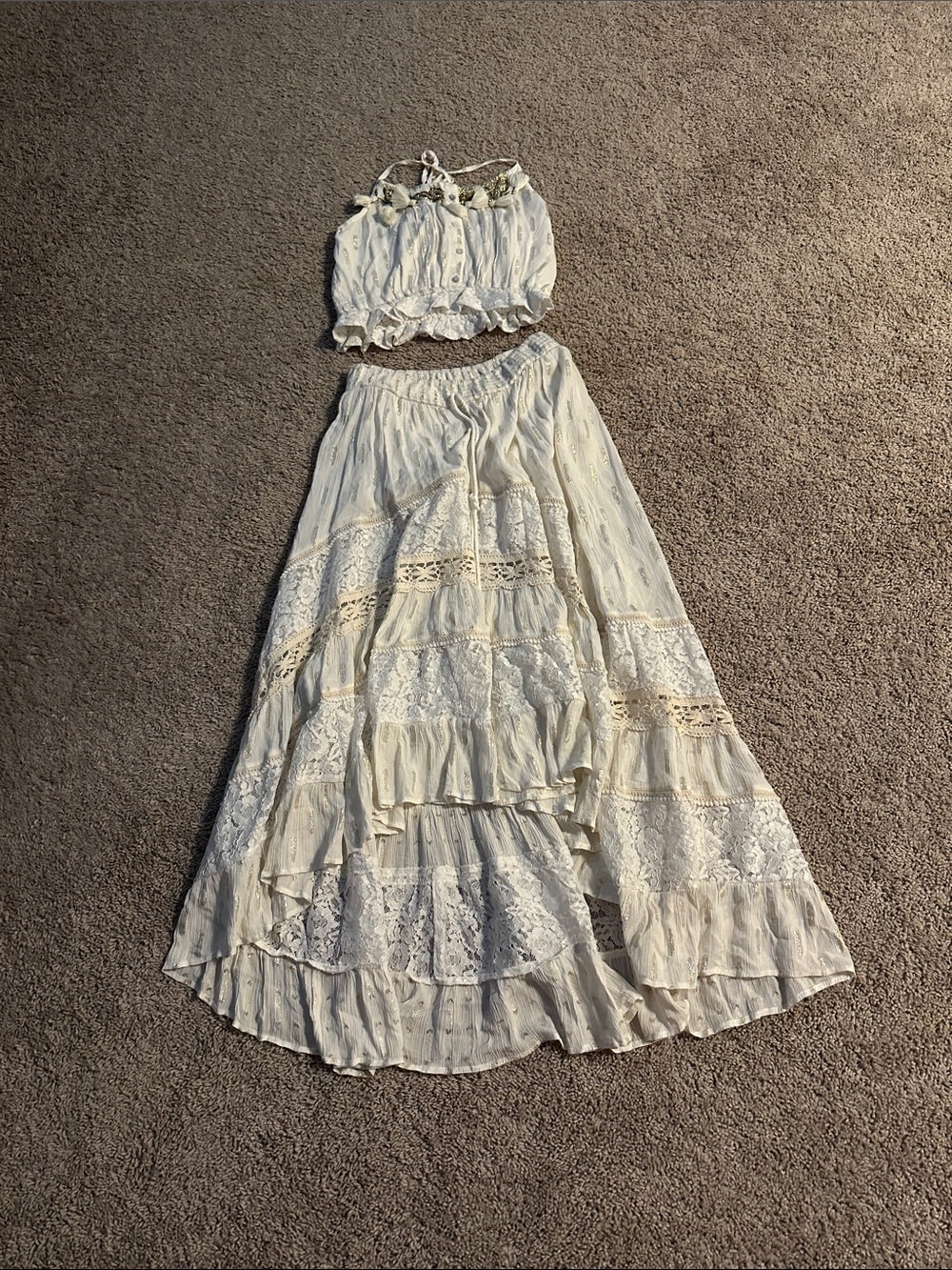 Bohemian Cream Lace Tiered Skirt Set - Two-Piece